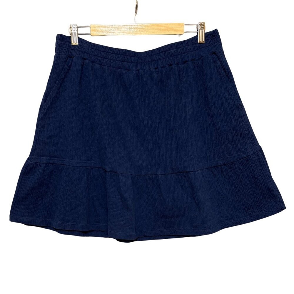 Lands End Womens Textured Mini Skirt Ruffle Hem Elastic Waist Sz XL Navy Pockets